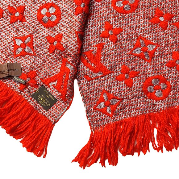 LOUIS VUITTON LV Classic Vintage Red & Metallic Silver Monogram Scarf VWT - Picture 5 of 14